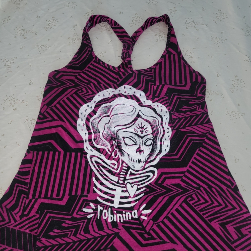 Day of the Dead Graphic Small Racerback Tank Fuchsia & Black Papaya